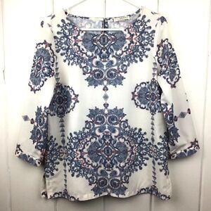 Kenar Floral Blouse 3/4 Sleeve Blue Geometric Design, Size Medium‎